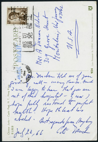 Postcard from Peter Drucker to Mrs. A. Duncan Kidd, 1966-07-22
