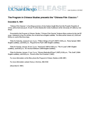 The Program in Chinese Studies presents the "Chinese Film Classics "