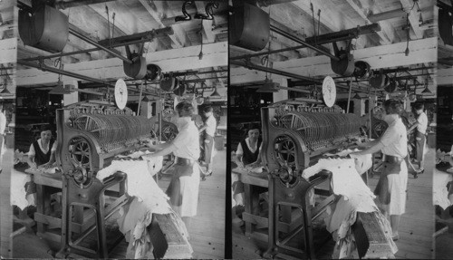 Measuring Machine - Skins are measured automatically as they pass thru this machine, Standard Kid Manufacturing Co. Wilmington, Del