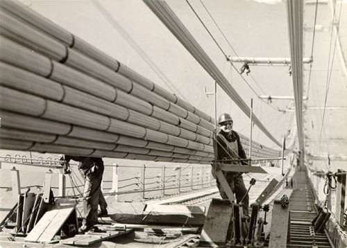 [Construction workers on the Golden Gate Bridge]