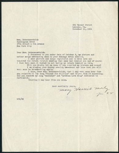 Mary Harriet Morley letter to Schumann-Heink, 1934 November 15