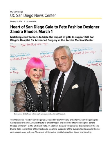 Heart of San Diego Gala to Fete Fashion Designer Zandra Rhodes March 1