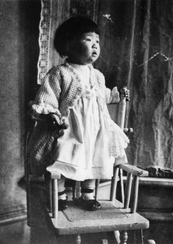 Japanese American toddler standing on chair