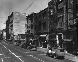 Spring street looking northeast from the 300 block, Yost Leather Company, Hotel Willard, Ye Old Curio Store, 326 South Spring Street