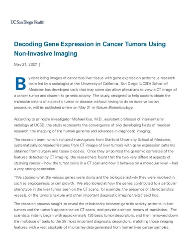 Decoding Gene Expression in Cancer Tumors Using Non-Invasive Imaging | News from UC San Diego Medical Center