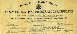 Ruben Salazar receives army education certificate, 1951