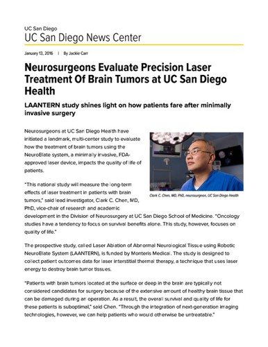 Neurosurgeons Evaluate Precision Laser Treatment Of Brain Tumors at UC San Diego Health