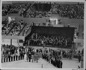 Los Angeles Memorial Sports Arena, interior view, Memorial Day dedication ceremony, Richard Nixon, podium