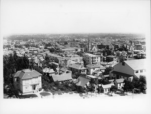 Panoramic view of downtown Los Angeles looking southeast from Olive Street north of Fifth Street, ca.1890