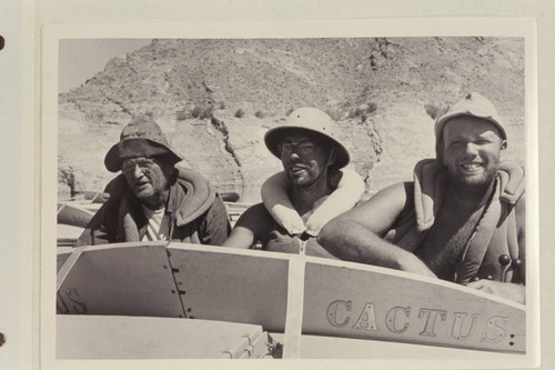 Crew of the "Cactus." Willie Taylor; Jorgen Visbak; Bill Belknap. Grand Canyon traverse of 1954, June. Gods Pocket, Lake Mead