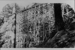 Men standing on trestle located in a steep canyon