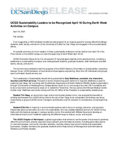 UCSD Sustainability Leaders to be Recognized April 16 During Earth Week Activities on Campus