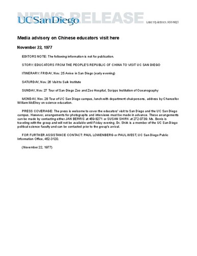 Media advisory on Chinese educators visit here