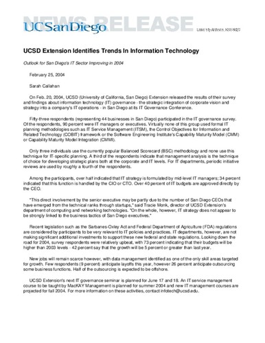 UCSD Extension Identifies Trends In Information Technology--Outlook for San Diego's IT Sector Improving in 2004