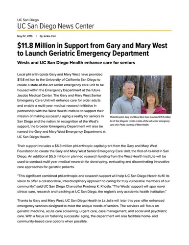 $11.8 Million in Support from Gary and Mary West to Launch Geriatric Emergency Department