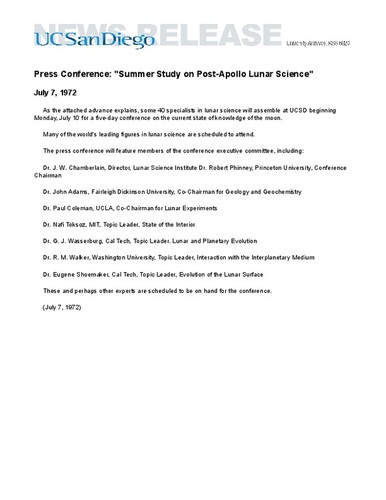 Press Conference: "Summer Study on Post-Apollo Lunar Science"