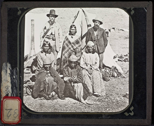 Toby Riddle, standing at center, and four other Modoc Indian women at Gillem's camp