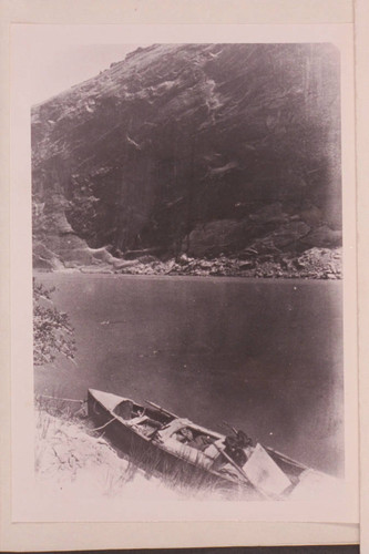 [photo from a stereo] "Views on the Colorado River," Glen Canon Series. The photo shows the "Canonita" moored to the bank in Glen Canyon during the run from the Dirty Devil River to Lees Ferry in 1872, June-July