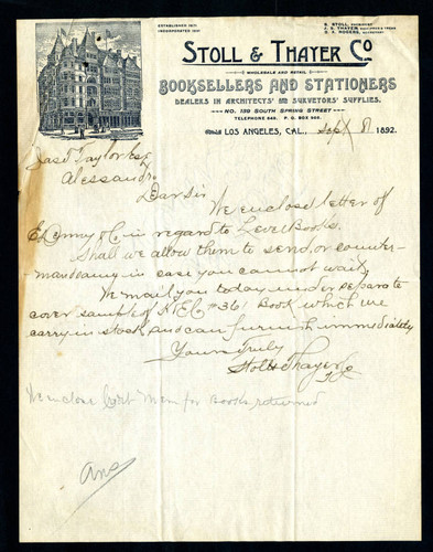 Letter to Jas T. Taylor from the Stoll and Taylor Co., 1892-09-08