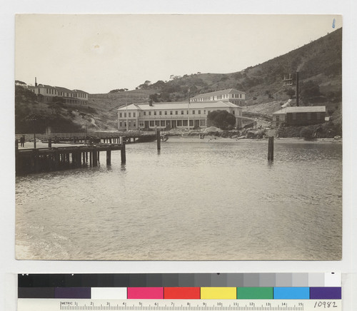 U.S. Immigration Station, Angel Island, San Francisco Bay. View showing main buildings and hospital on left