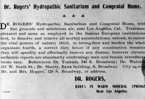 Flyer for Dr. Rogers' sanitarium