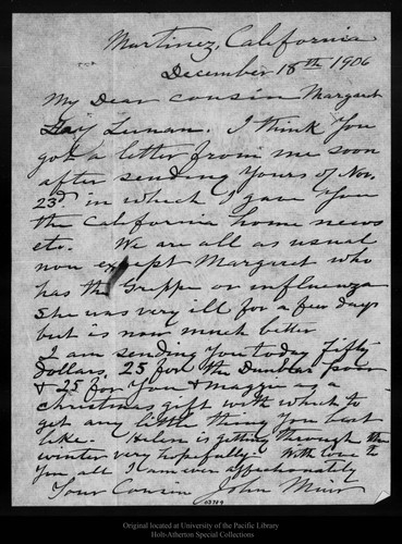 Letter from John Muir to Margaret Hay Lunam, 1906 Dec 18