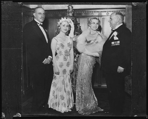 Peggy Hamilton and the French Queen of the Olympic games with Governor James Rolph, Los Angeles, 1932