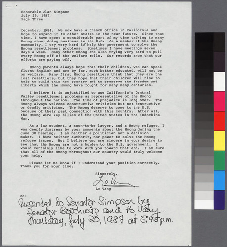 Letter to Senator Alan Simpson from Lo Vang, a Hmong refugee from Laos