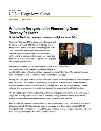 Friedmann Recognized for Pioneering Gene Therapy Research