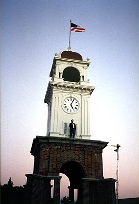 Addressing a crowd from the town clock
