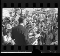 Gubernatorial candidate Jerry Brown speaking at political rally in Los Angeles, Calif., 1974