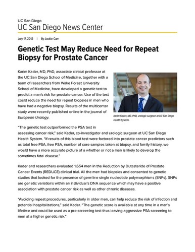 Genetic Test May Reduce Need for Repeat Biopsy for Prostate Cancer