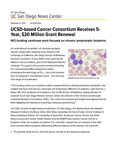 UCSD-based Cancer Consortium Receives 5-Year, $20 Million Grant Renewal