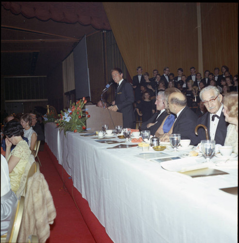 Pat Boone speaking at Pepperdine's Birth of a College dinner, 1970