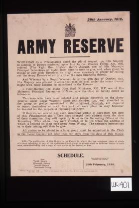 Army Reserve. Whereas by a proclamation ... Date on which the groups will commence to be called up - Tenth Group - 29th February 1916