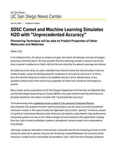 SDSC Comet and Machine Learning Simulates H2O with “Unprecedented Accuracy”