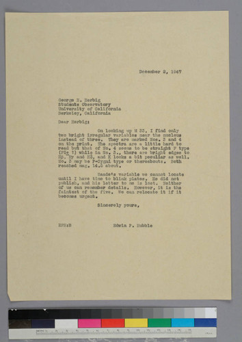 EPH writes to George Herbig of the Students Observatory at the University of California