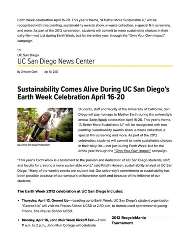 Sustainability Comes Alive During UC San Diego’s Earth Week Celebration April 16-20
