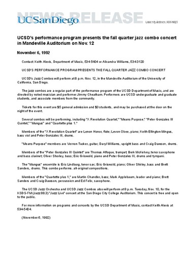 UCSD's performance program presents the fall quarter jazz combo concert in Mandeville Auditorium on Nov. 12