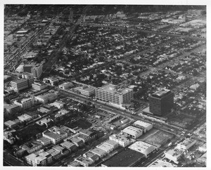 Aerial view facing north over Wilshire Boulevard and Crescent Drive in Beverly Hills