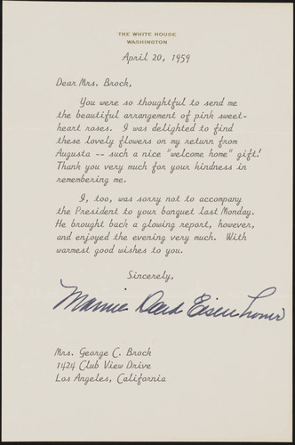 1959 April 20- Mamie Eisenhower to Margaret Brock