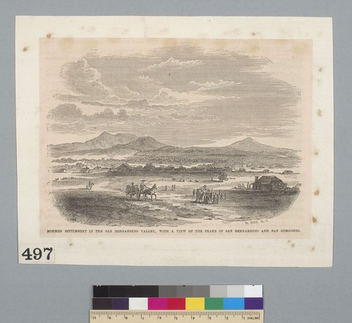 Mormon settlement in the San Bernardino Valley, with a view of the peaks of San Bernardino and San Gorgonio [California]