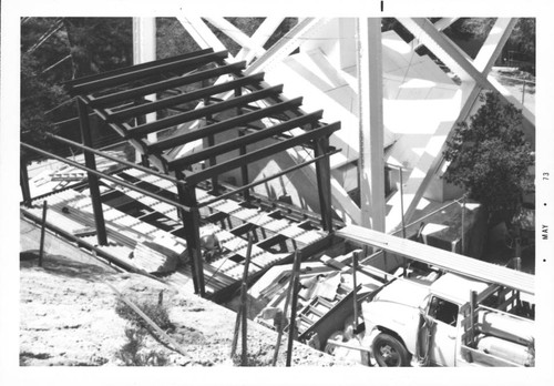 Construction and framing of a computer room addition at the base of the 150-foot tower telescope, Mount Wilson Observatory