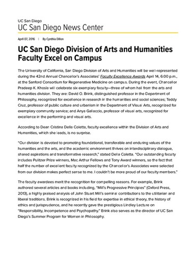 UC San Diego Division of Arts and Humanities Faculty Excel on Campus