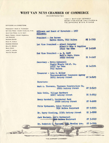 Officers and Board of Directors, 1957--West Van Nuys Chamber of Commerce