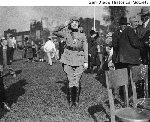 Actress Theodora Warfield wearing a uniform at San Diego High School