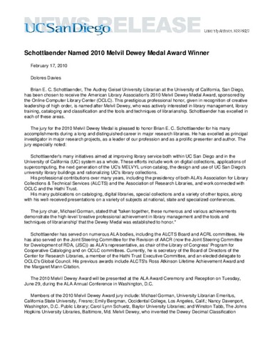 Schottlaender Named 2010 Melvil Dewey Medal Award Winner