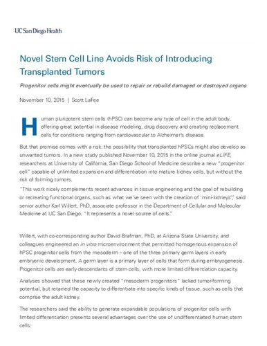 Novel Stem Cell Line Avoids Risk of Introducing Transplanted Tumors