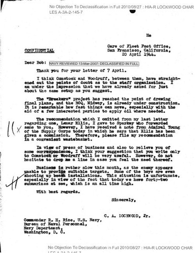 C. A. Lockwood letter to Commander R. H. Rice
