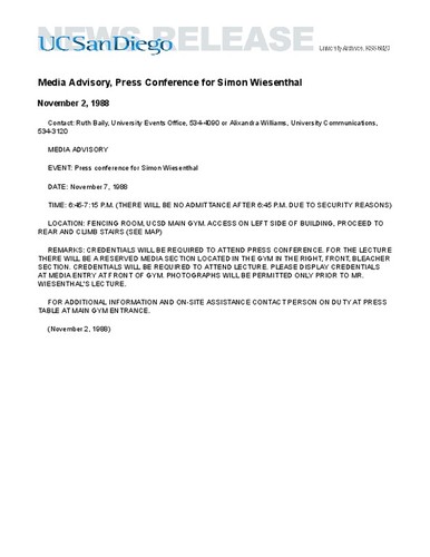 Media Advisory, Press Conference for Simon Wiesenthal